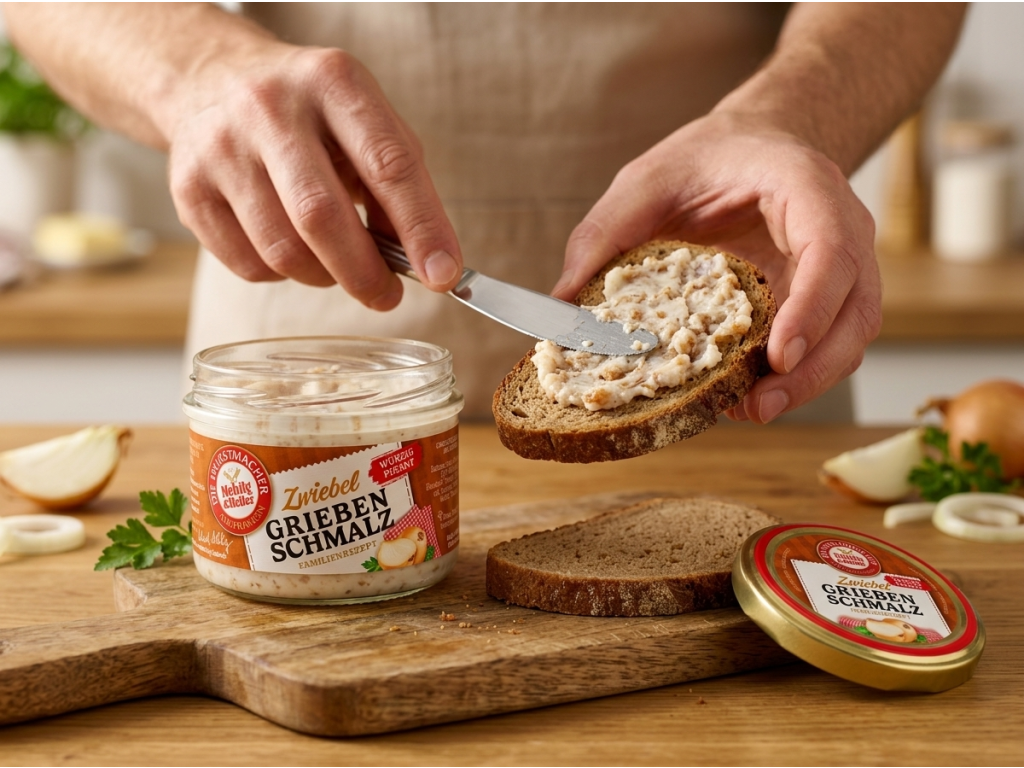 Mehlig & Heller škvarkové sádlo s cibulkou 160 g - použití na chlebu