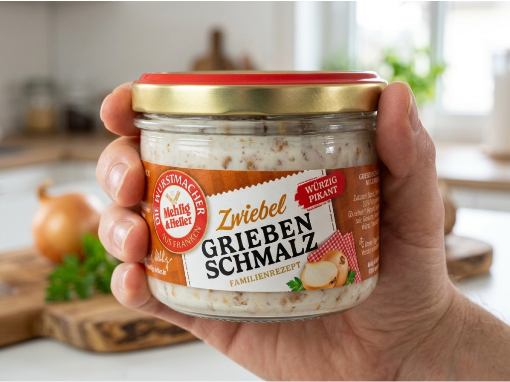 Mehlig & Heller škvarkové sádlo s cibulkou 160 g - skleněná dóza v ruce