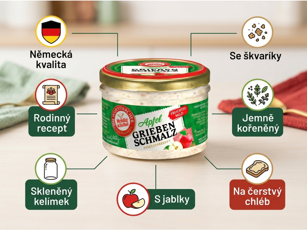 Mehlig & Heller škvarková pomazánka s jablky 160 g - hlavní výhody