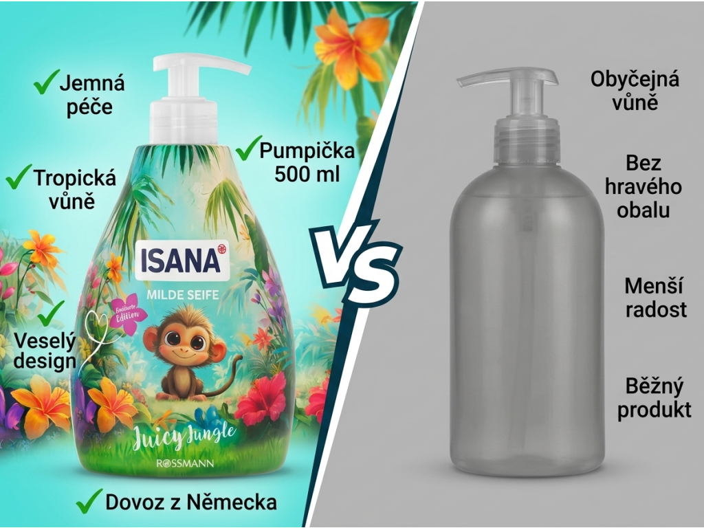 Isana jemné tekuté mýdlo Juicy Jungle 500 ml - srovnání s běžným mýdlem