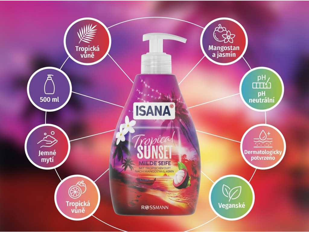 Isana tekuté mýdlo Tropical Sunset s vůní mangostanu a jasmínu 500 ml - výhody