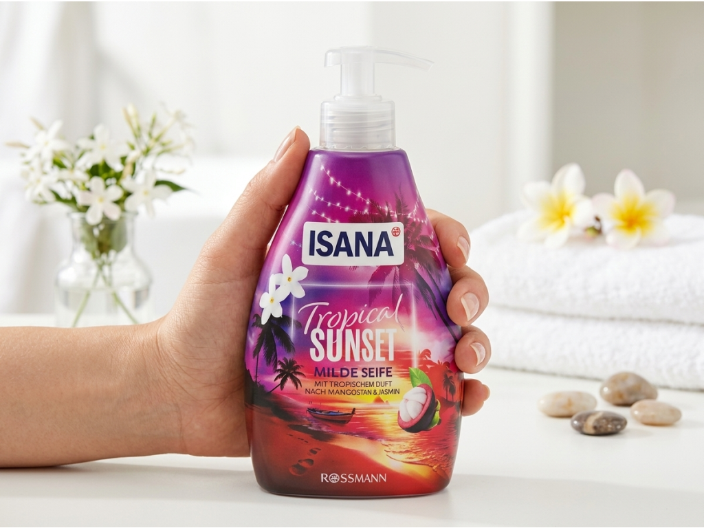 Isana tekuté mýdlo Tropical Sunset s vůní mangostanu a jasmínu 500 ml - v ruce