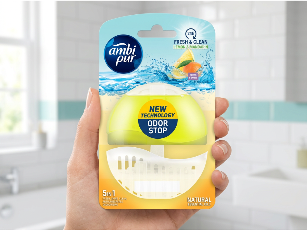Ambi Pur tekutý WC blok Lemon & Mandarin 55 ml - v ruce