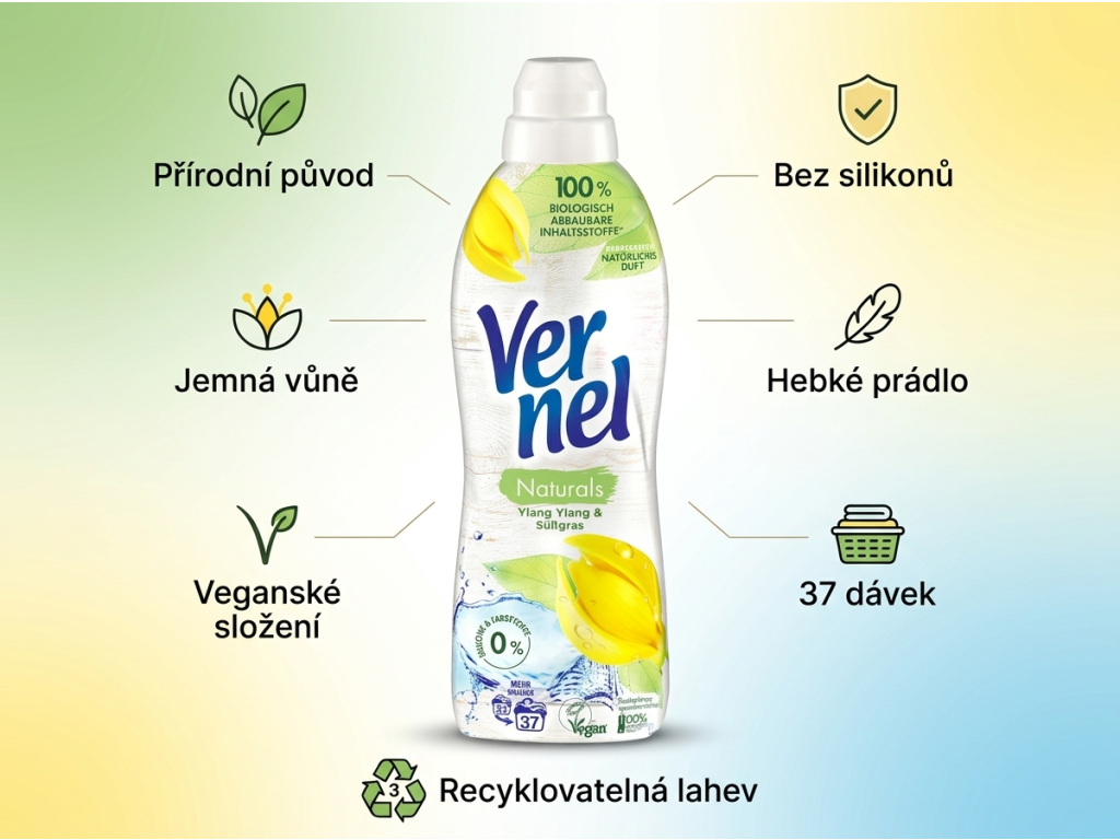 Vernel Naturals Ylang Ylang a sladká tráva aviváž 37 dávek 814 ml - infografika