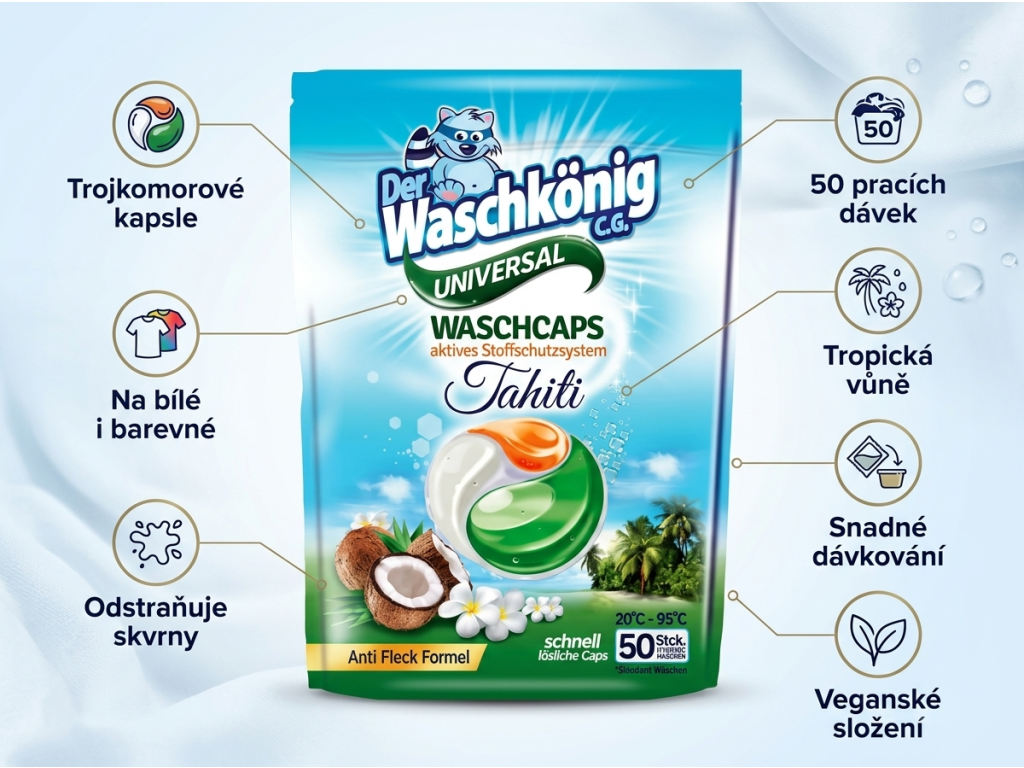 WaschKönig kapsle na praní TRIOCAPS Tahiti Universal 50 ks - přehled výhod