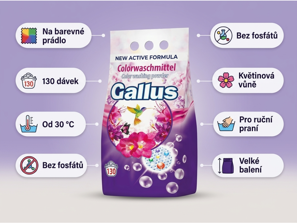 Gallus prací prášek na barevné prádlo 130 dávek 8,45 kg - hlavní výhody