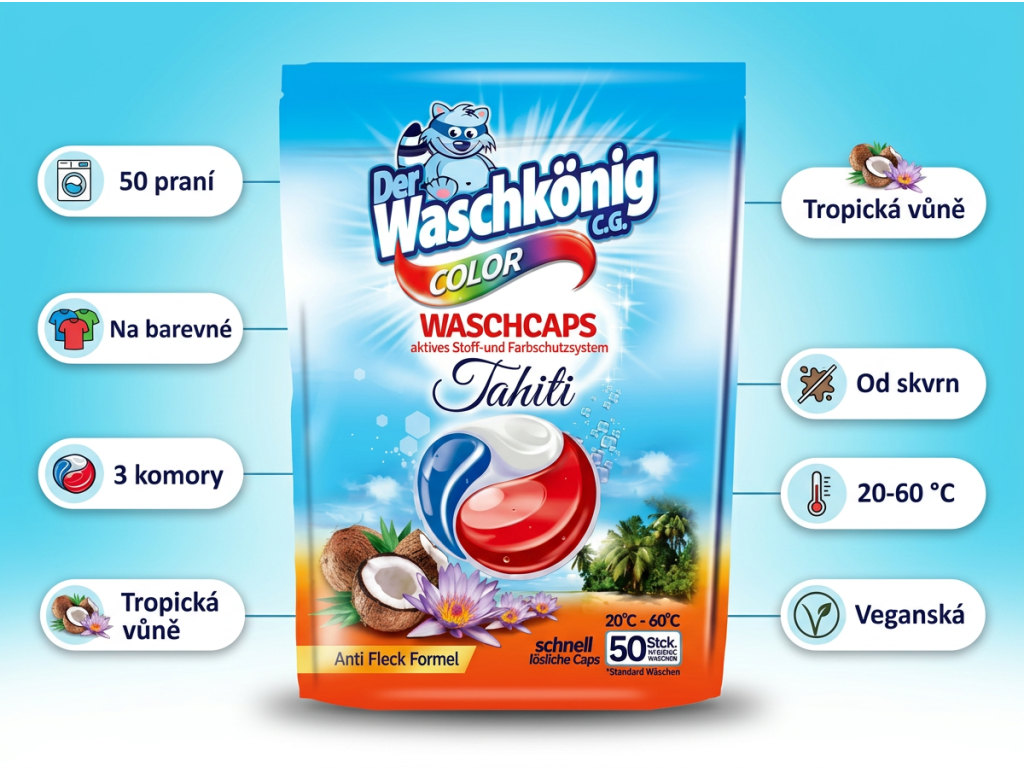 WaschKönig Tahiti Color kapsle na praní na barevné prádlo 50 ks - hlavní výhody