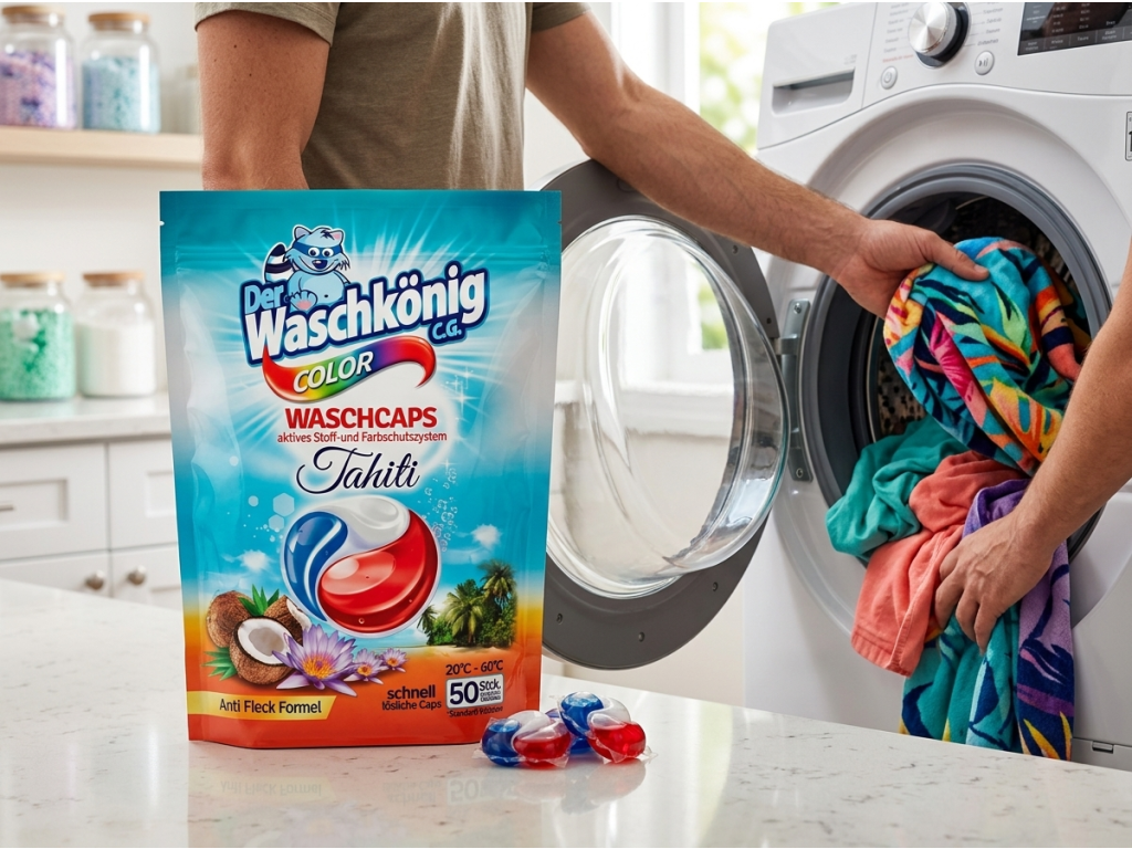 WaschKönig Tahiti Color kapsle na praní na barevné prádlo 50 ks - použití při praní