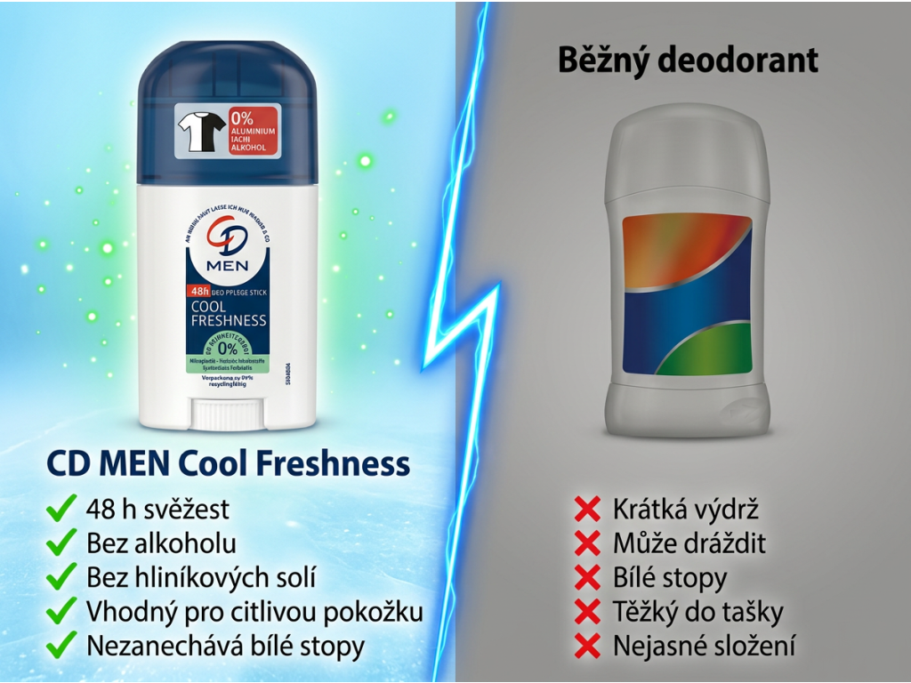 CD Men tuhý deodorant Cool Freshness 1 ks 40 ml - srovnání s běžným deodorantem