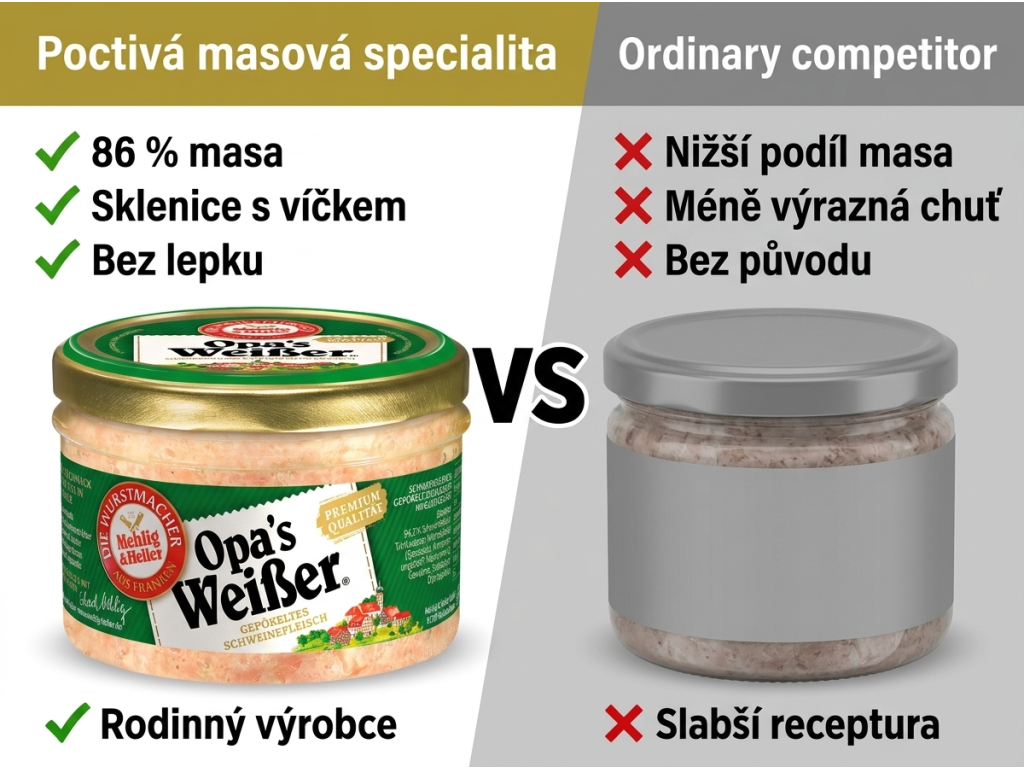 Srovnání Mehlig & Heller Opa's Weißer 200 g s běžnou masovou pomazánkou