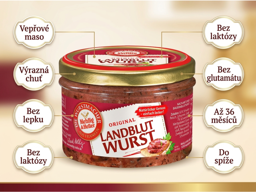 Mehlig & Heller originální venkovská krvavá klobása ve skle 200 g - přehled výhod