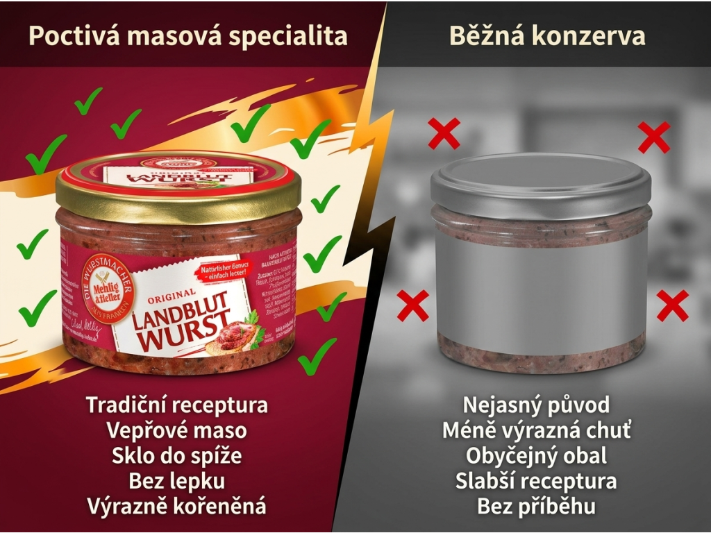 Mehlig & Heller originální venkovská krvavá klobása ve skle 200 g - srovnání s běžnou konzervou