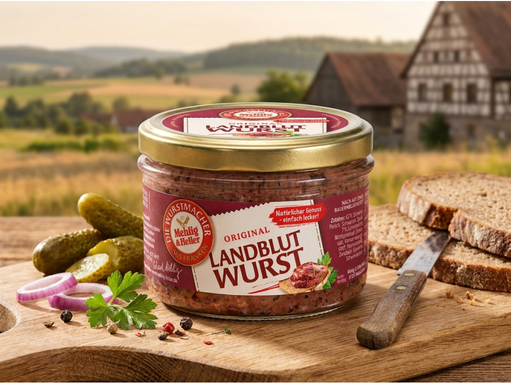Mehlig & Heller originální venkovská krvavá klobása ve skle 200 g - servírování v přírodním stylu