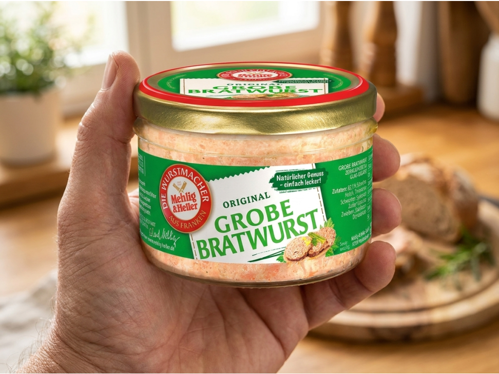 Mehlig & Heller hrubá klobásová pomazánka ve skle 200 g - sklenice v ruce