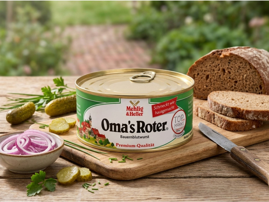 Mehlig & Heller Oma's Roter krvavá masová pomazánka v konzervě 300 g - servírování v přírodním prostředí