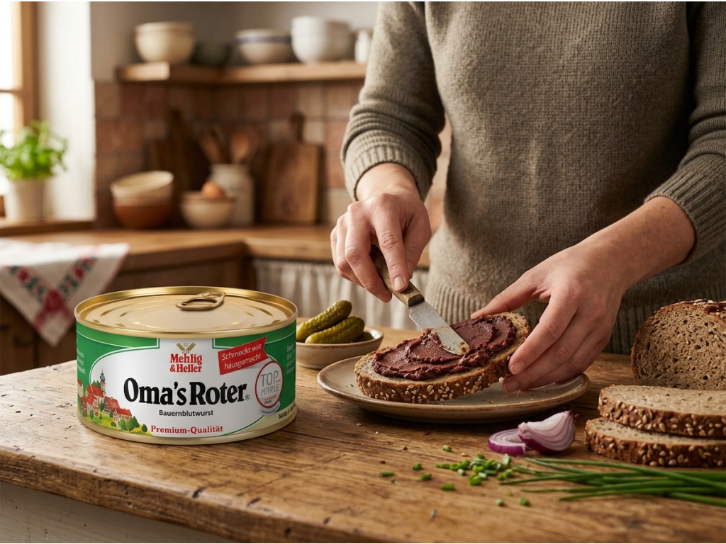 Mehlig & Heller Oma's Roter krvavá masová pomazánka v konzervě 300 g - použití na pečivu