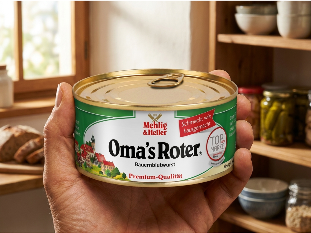 Mehlig & Heller Oma's Roter krvavá masová pomazánka v konzervě 300 g - balení v ruce