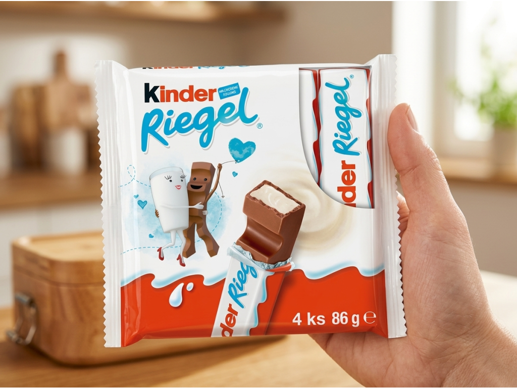 Kinder Riegel mléčné čokoládové tyčinky 4 ks, 86 g - praktické balení do ruky