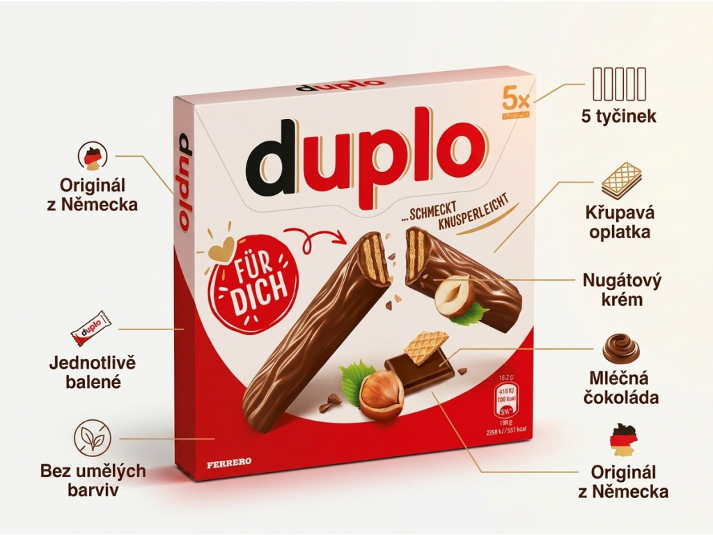 duplo čokoládové tyčinky s oplatkou a nugátovým krémem 5 ks, 91 g - hlavní výhody