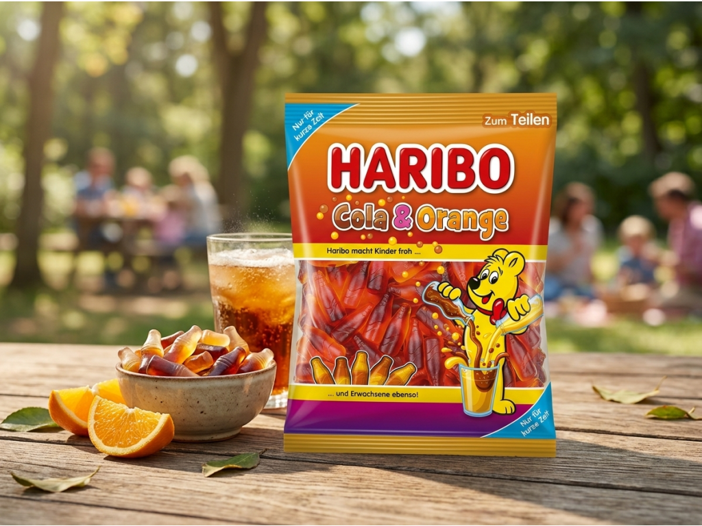 Haribo Cola & Orange želé lahvičky v přírodním prostředí