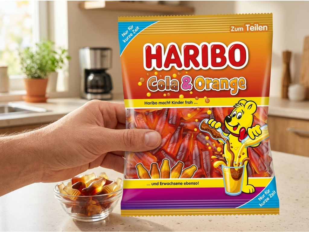 Haribo Cola & Orange želé lahvičky v ruce