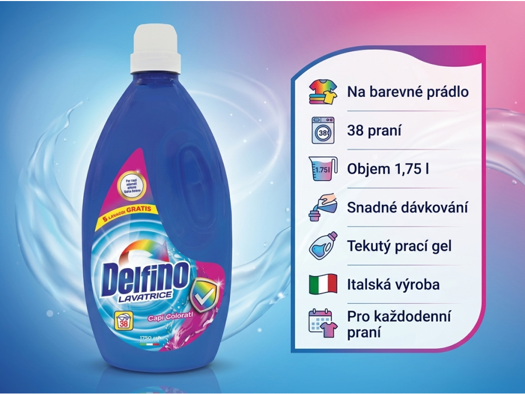 Delfino Capi Colorati prací gel na barevné prádlo 38 praní, 1,75 l - hlavní výhody