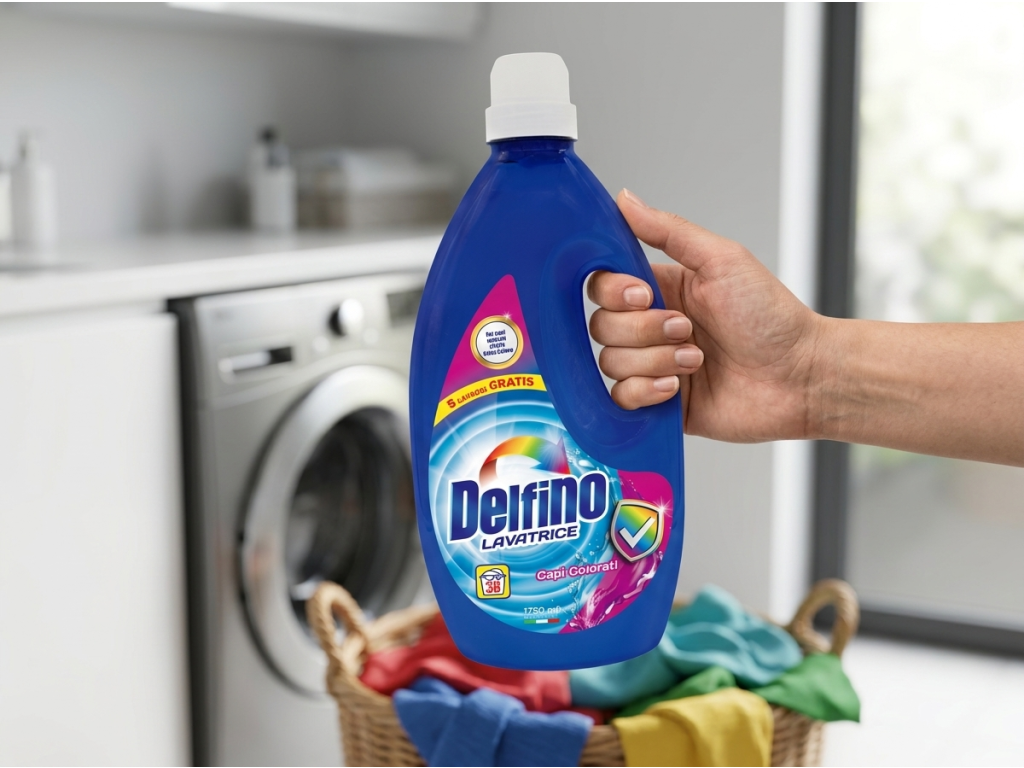 Delfino Capi Colorati prací gel na barevné prádlo 38 praní, 1,75 l v ruce