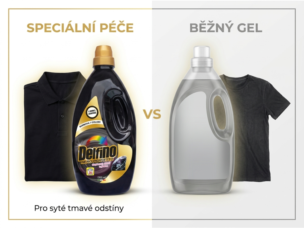 Srovnání speciální péče Delfino Nero Perfetto s běžným pracím gelem
