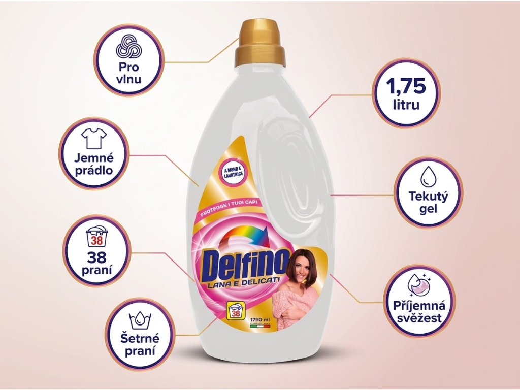Delfino prací gel na vlnu a jemné prádlo 38 praní, 1,75 l - hlavní výhody