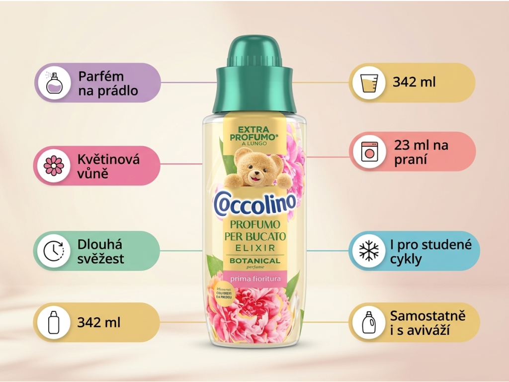 Coccolino Elixir Prima Fioritura parfém na prádlo 342 ml - hlavní výhody