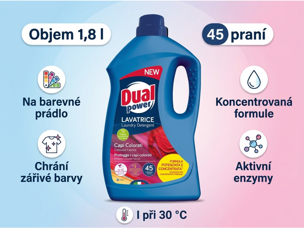 Dual Power Colorati prací gel na barevné prádlo 45 praní, 1,8 l - hlavní výhody