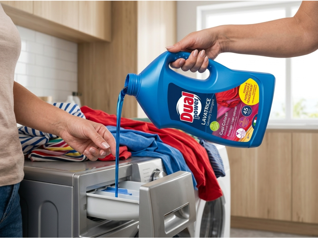 Dual Power Colorati prací gel na barevné prádlo 45 praní, 1,8 l - použití při praní