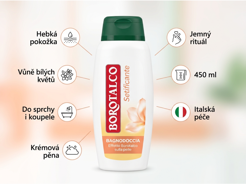 Borotalco zjemňující sprchový gel bílé květy 450 ml - benefity