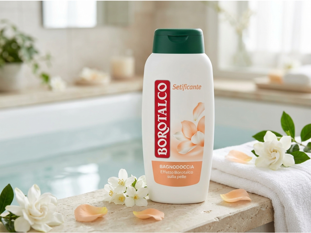 Borotalco zjemňující sprchový gel bílé květy 450 ml v koupelnovém prostředí