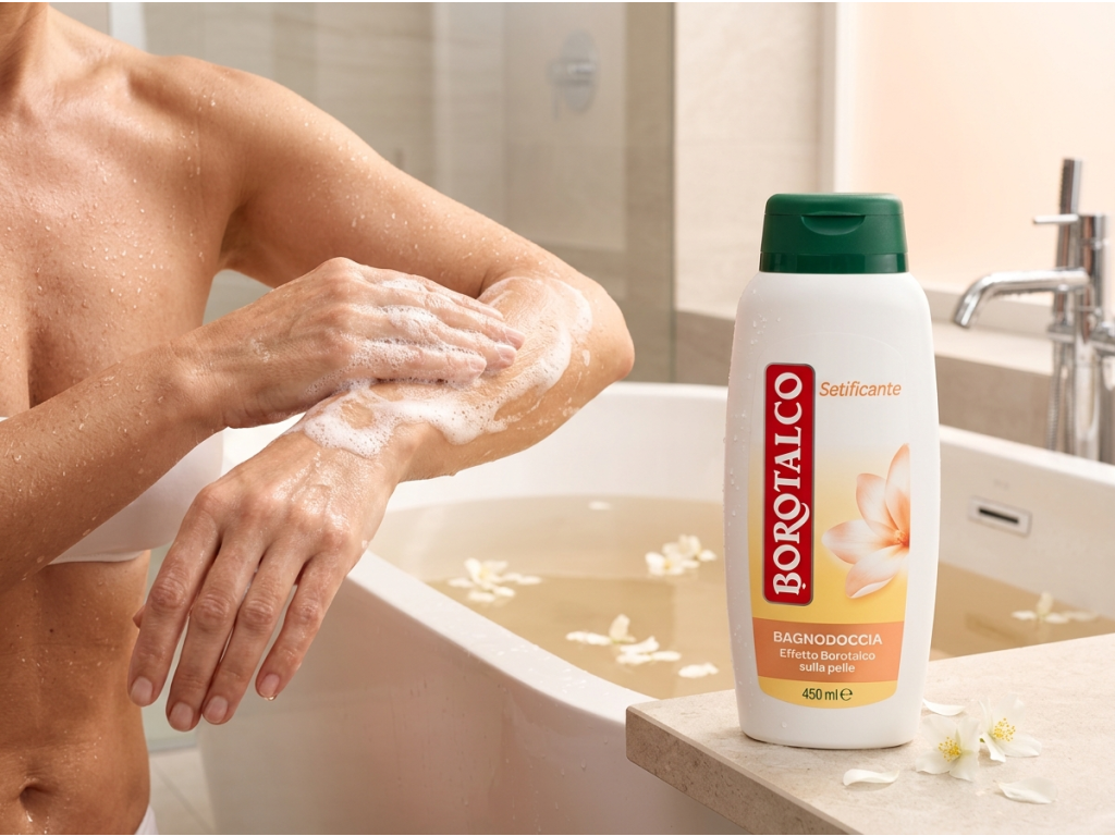 Borotalco zjemňující sprchový gel bílé květy 450 ml při použití