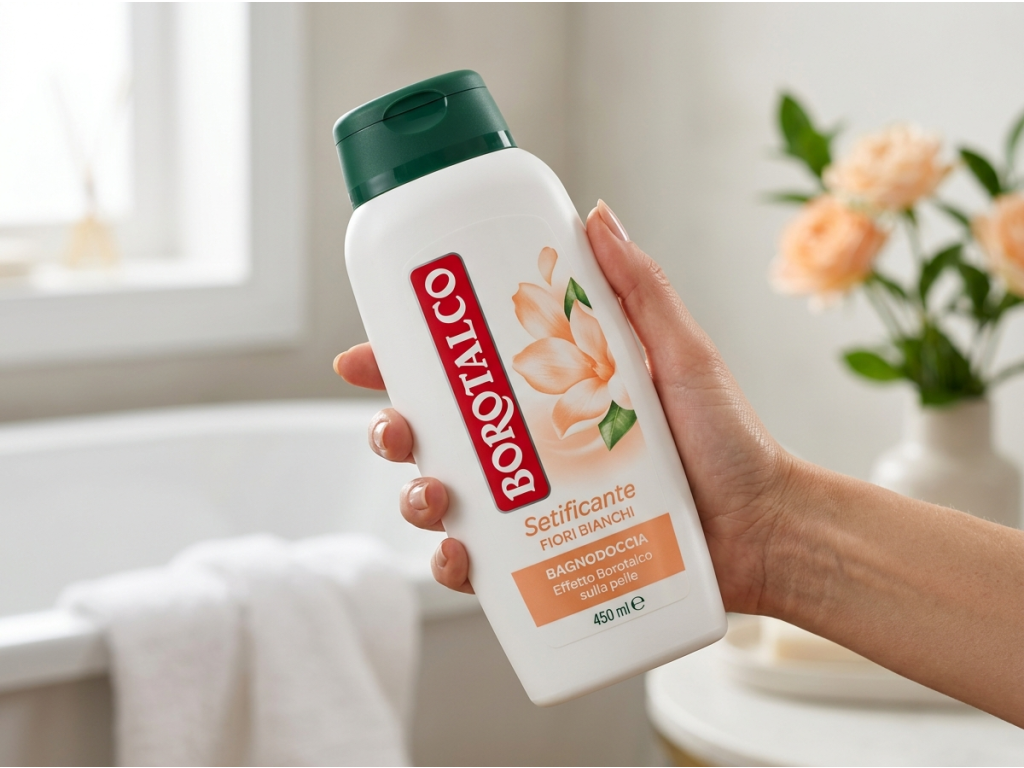 Borotalco zjemňující sprchový gel bílé květy 450 ml v ruce