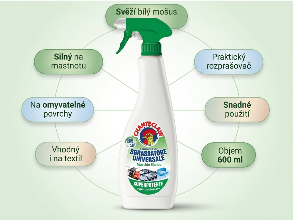 Chanteclair univerzální odmašťovač s vůní bílého mošusu 600 ml - hlavní výhody