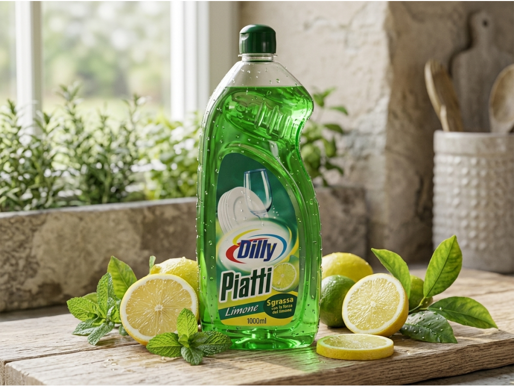 Dilly prostředek na mytí nádobí s vůní citronu 1000 ml v kuchyňském prostředí