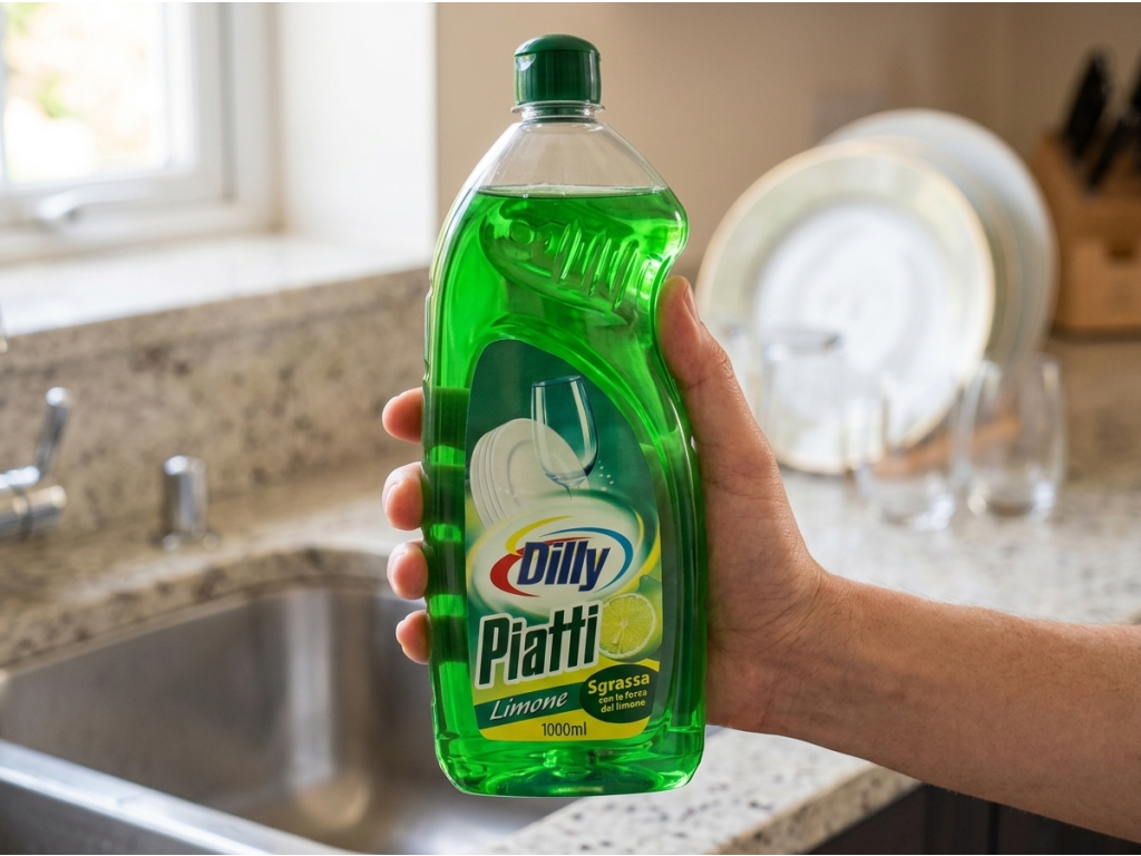 Dilly prostředek na mytí nádobí s vůní citronu 1000 ml v ruce