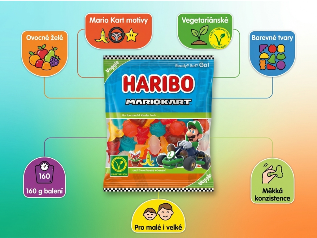 Haribo Mario Kart vegetariánské želé bonbony 160 g - hlavní výhody