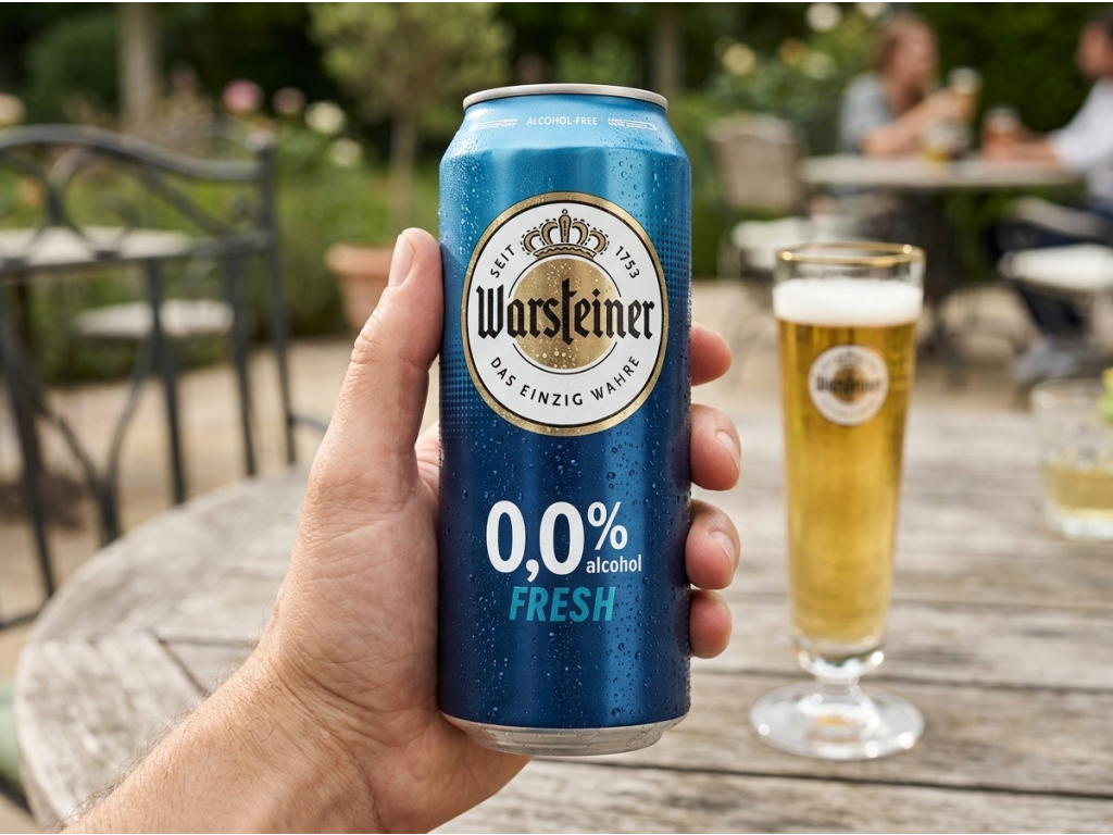 Warsteiner FRESH nealkoholické pivo 0,0 %, 0,5 l - plechovka v ruce