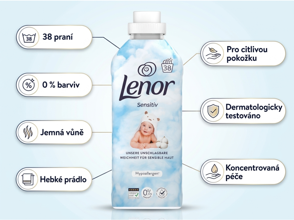 Lenor Sensitiv koncentrovaná aviváž 38 praní, 798 ml - výhody produktu
