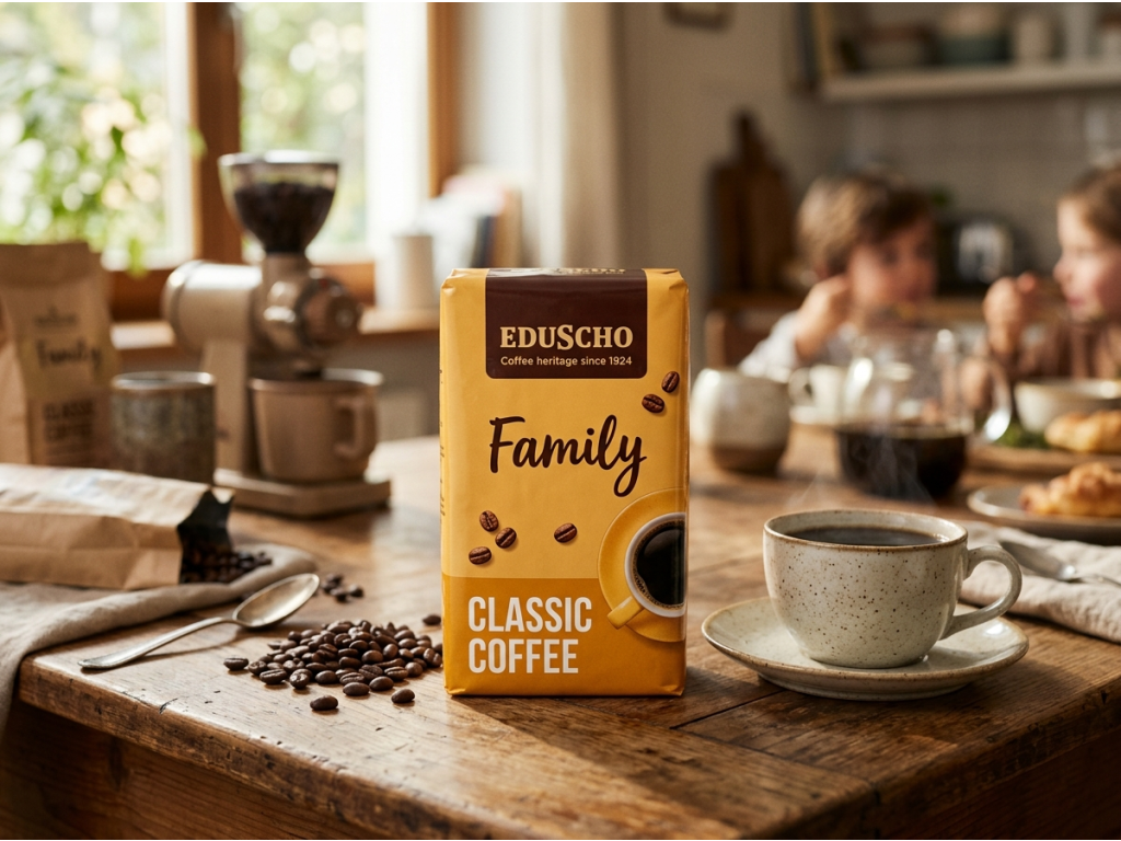 Tchibo Eduscho Family mletá káva 1 kg v ranním kávovém prostředí