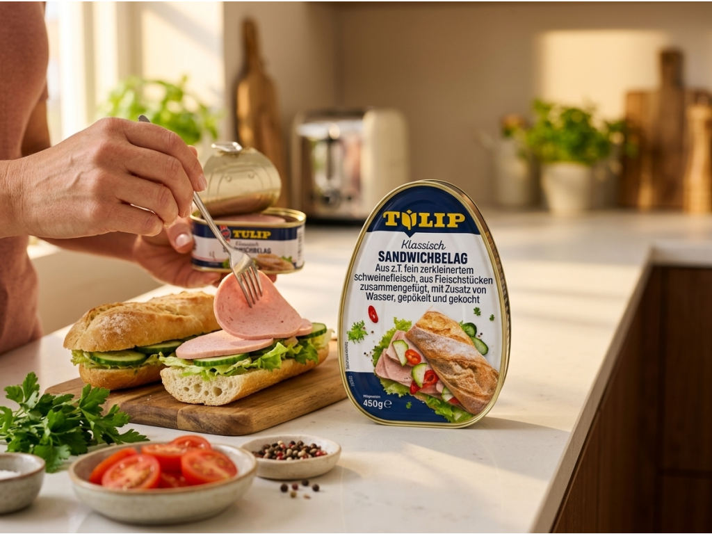Tulip snídaňový lunchmeat z vepřového masa 450 g - příprava sendviče