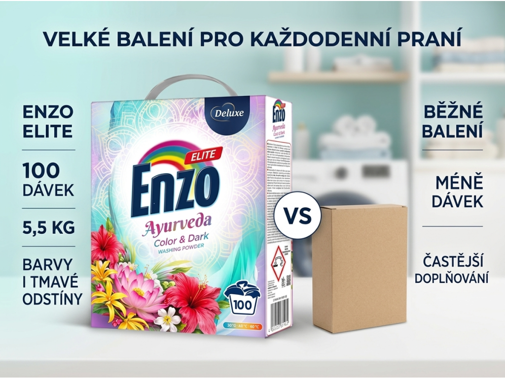 Srovnání Enzo Elite Ayurveda Color & Dark s běžným pracím práškem