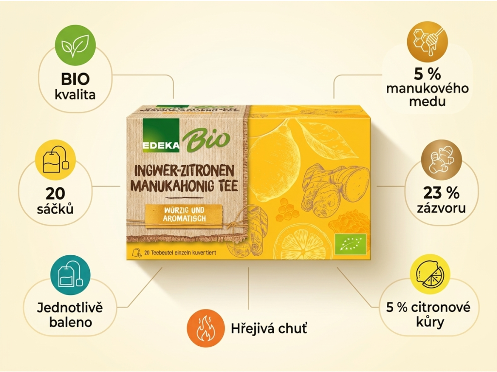 Edeka Bio zázvorovo-citronový čaj s manukovým medem, 20 sáčků, 40 g - hlavní výhody