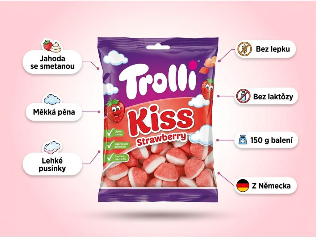 Trolli Strawberry Kiss jahodové pusinky 150 g - hlavní výhody