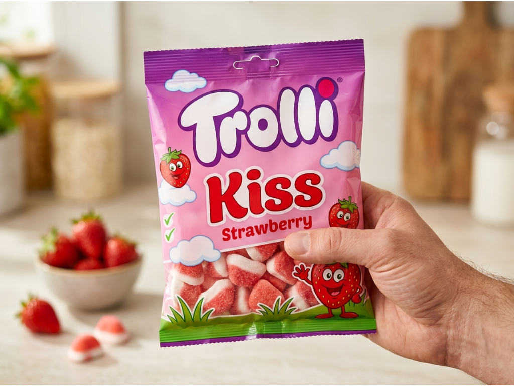 Trolli Strawberry Kiss jahodové pusinky 150 g - balení v ruce