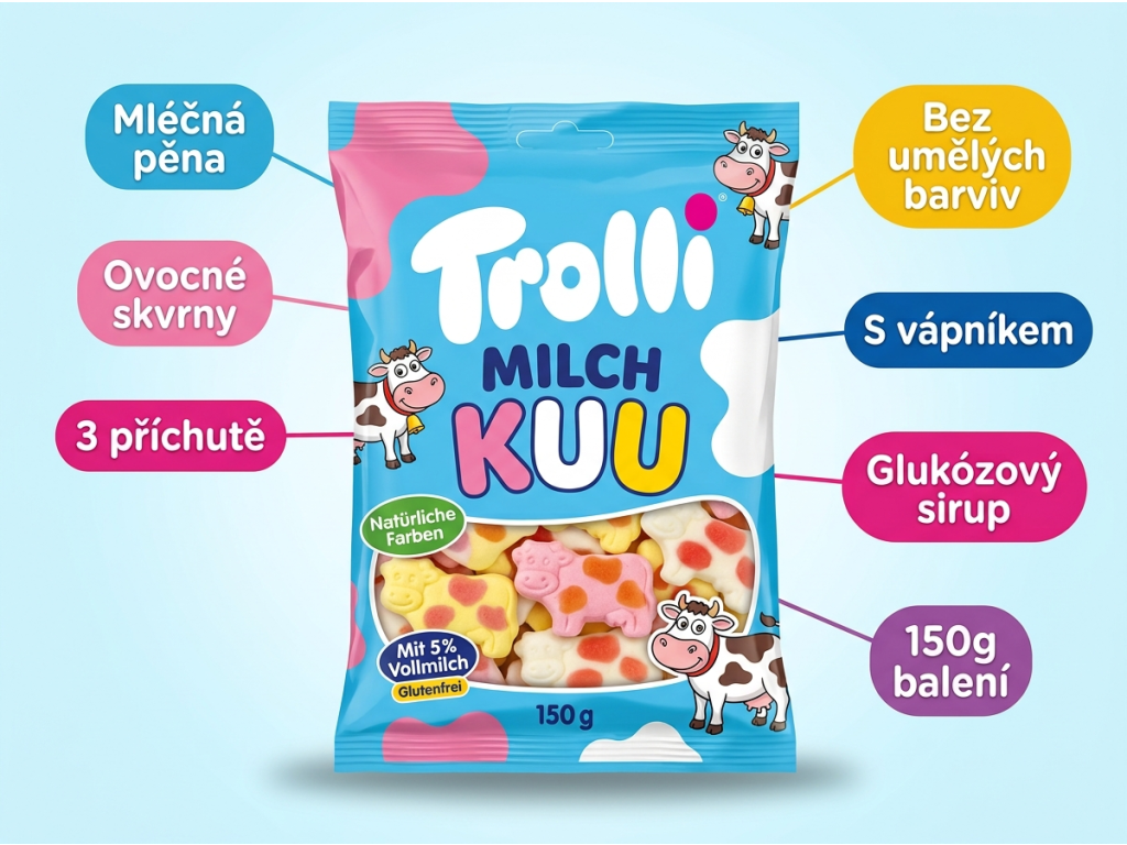 Trolli Milch Kuu mléčné kravičky 150 g - infografika výhod