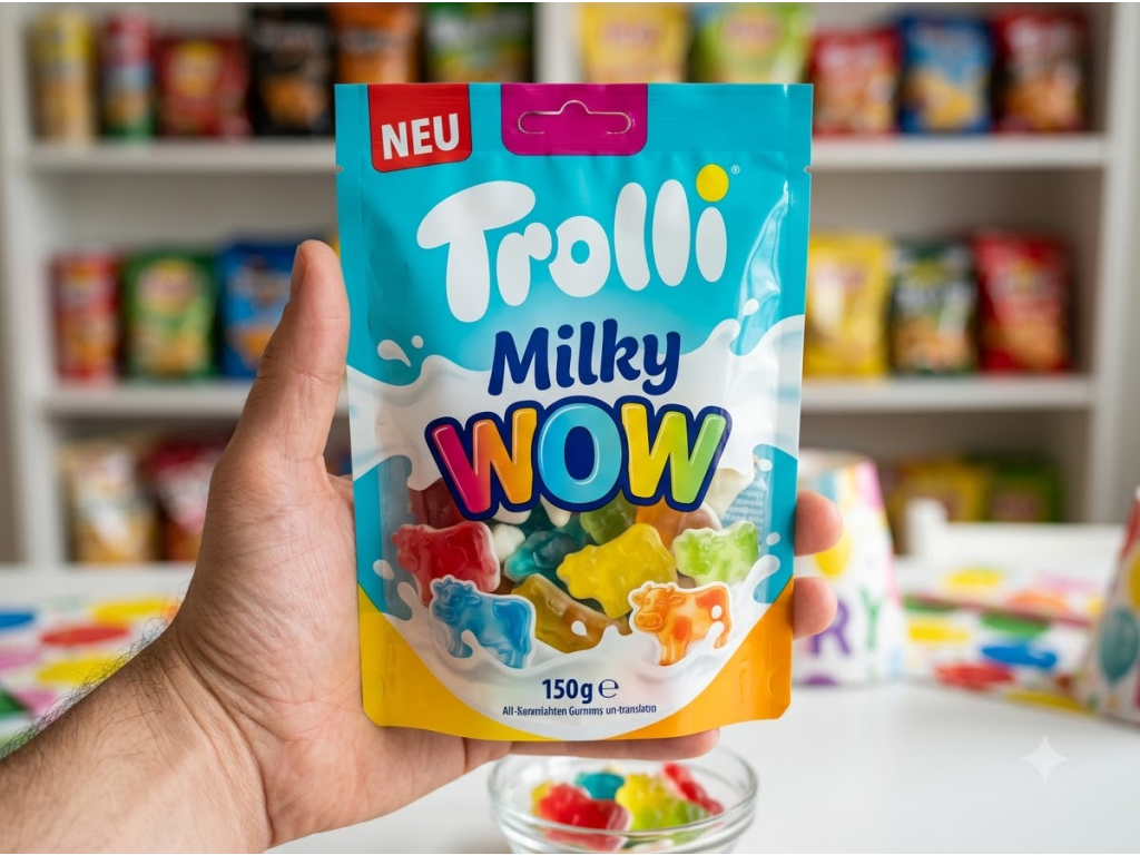 Trolli Milky WOW pěnové gumové bonbony 150 g v ruce